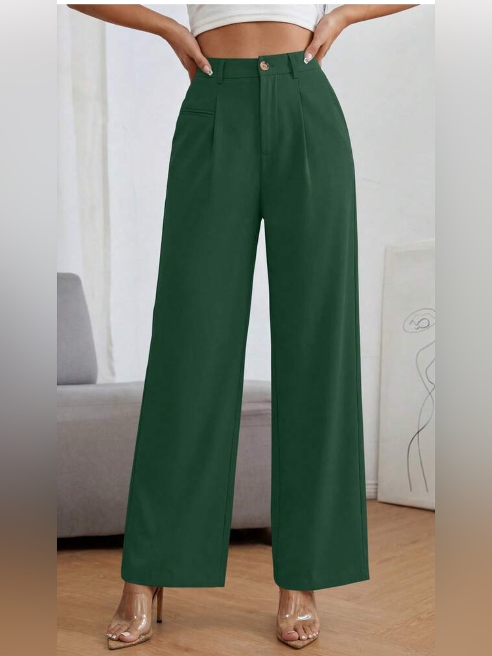 Abercrombie & Fitch Wide-Leg High-Rise Pants in Forest Green - Picture 1 of 16